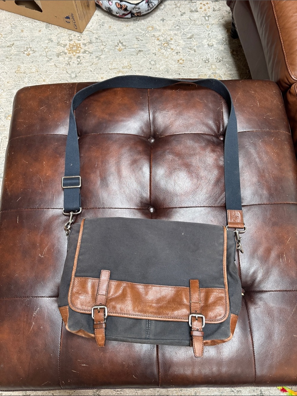 Fossil Dark Gray Canvas Messenger Bag with Brown Leather Trim